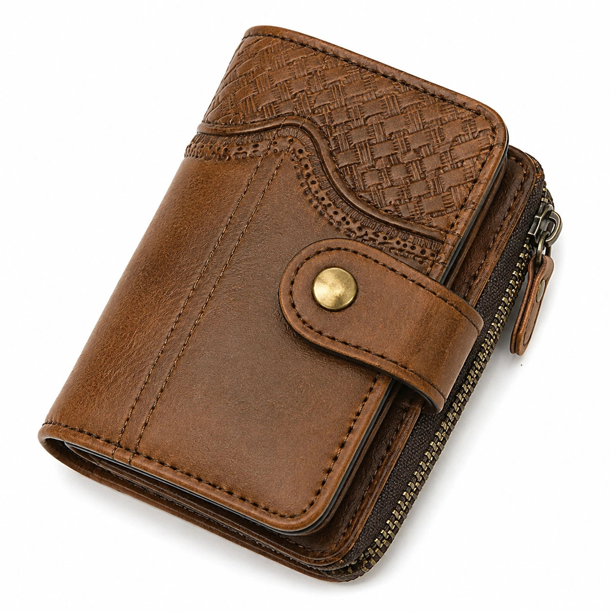 Portefeuille 12 x 9 x 3.5 cm en similicuir marron à fermeture zippée style vintage