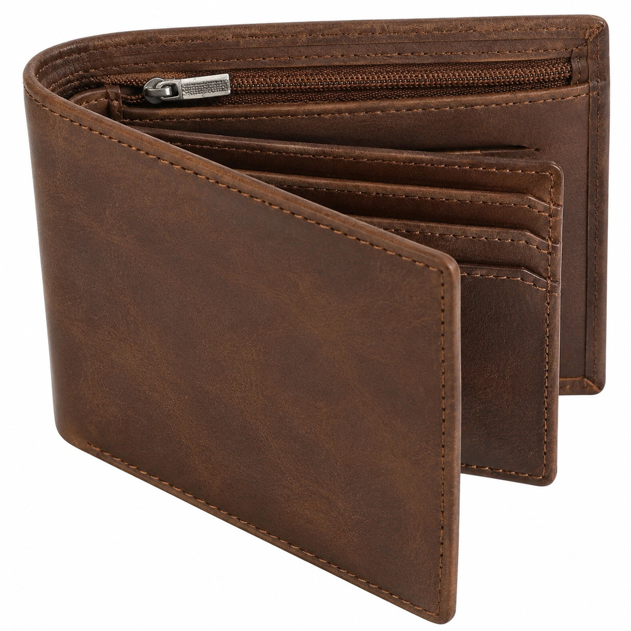 Portefeuille pliant 12 x 9.5 cm en matière synthétique marron avec fermeture zippée