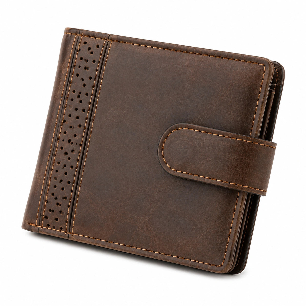 Portefeuille 12 x 10 x 2 cm en cuir marron à rabat style vintage