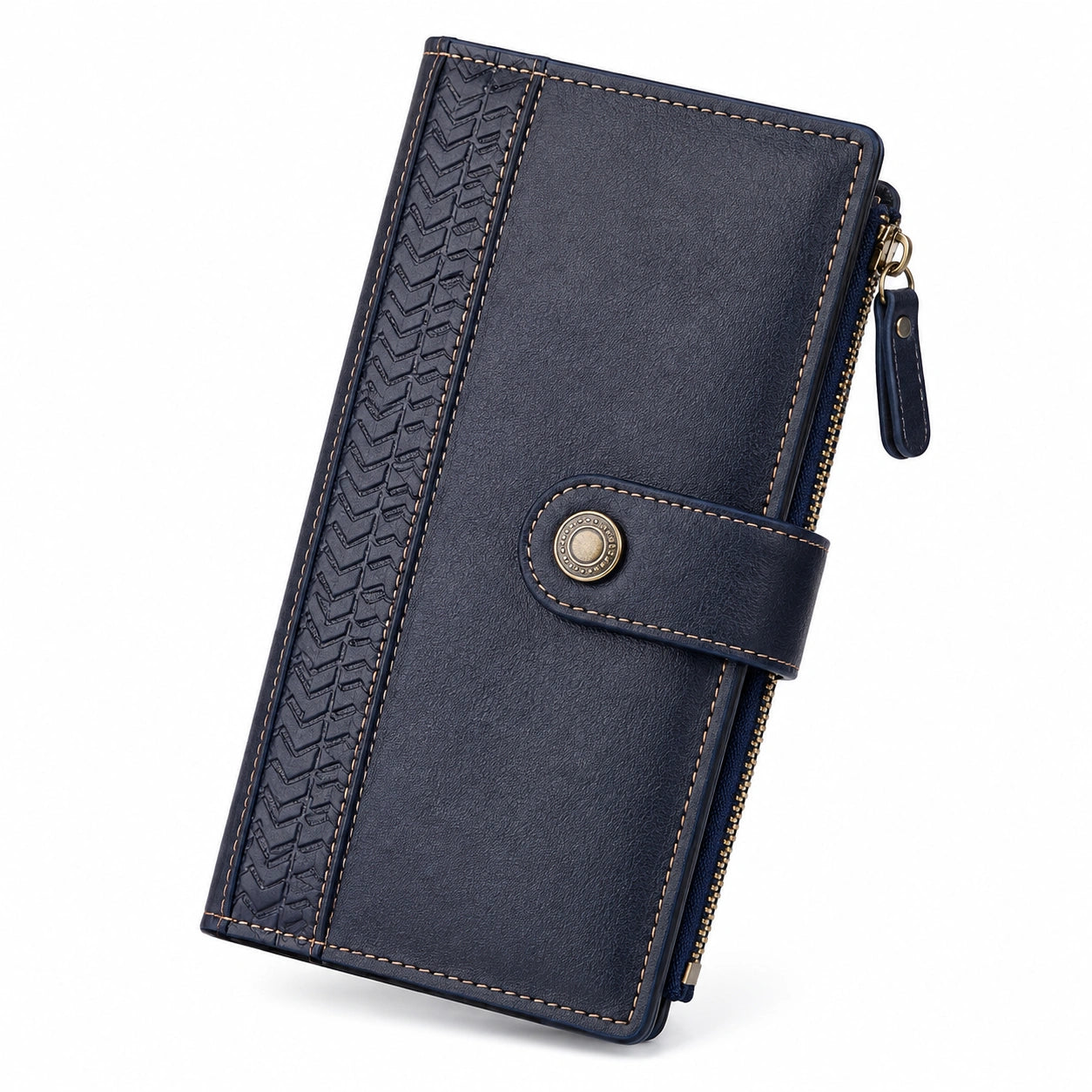 Portefeuille long 19 x 10 x 3 cm en matière synthétique bleu marine à fermeture zippée