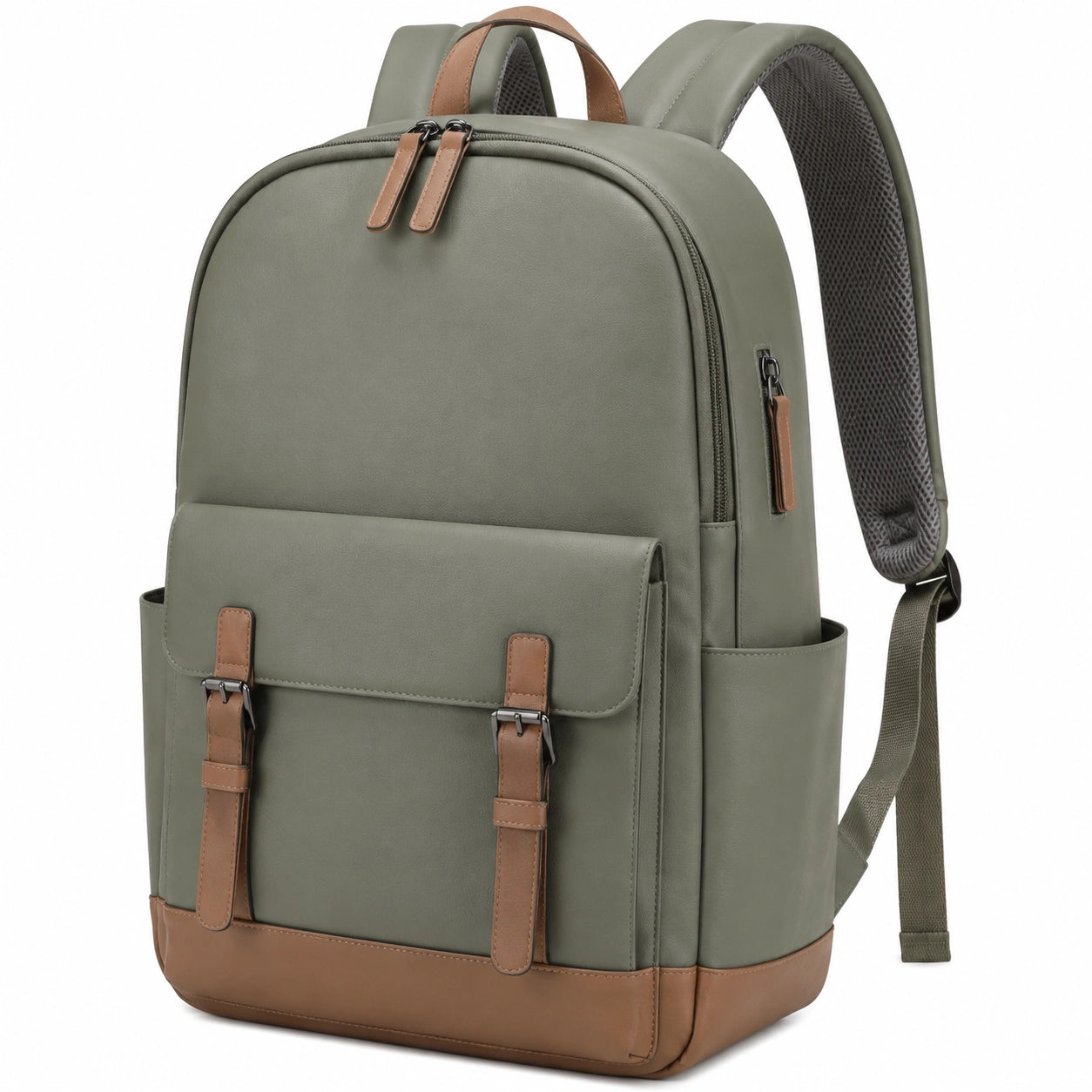 Sac à dos 45 x 30 x 15 cm en similicuir vert olive et marron avec poches multiples
