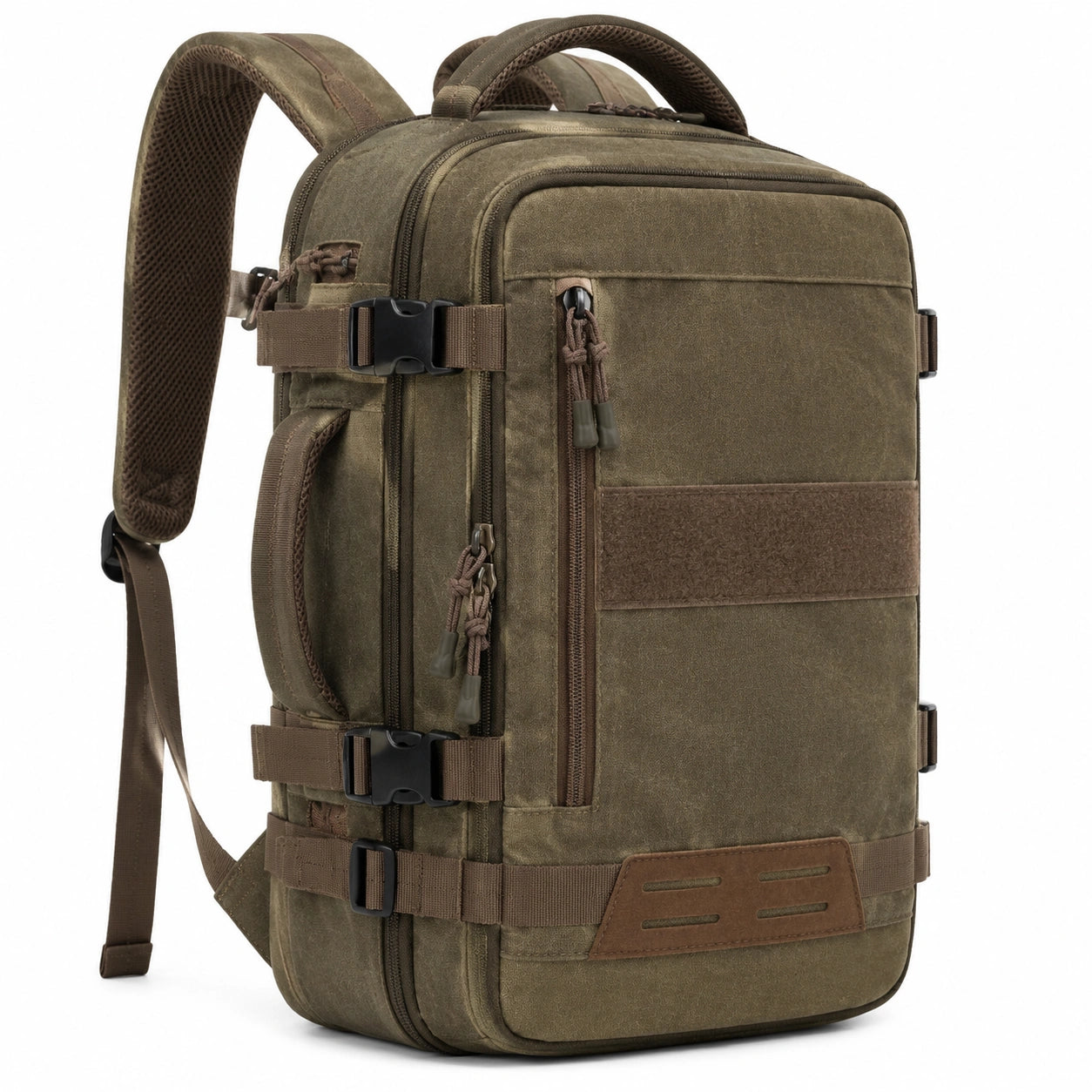 Sac à dos 48 x 30 x 20 cm en tissu kaki marron à compartiments zippés style utilitaire