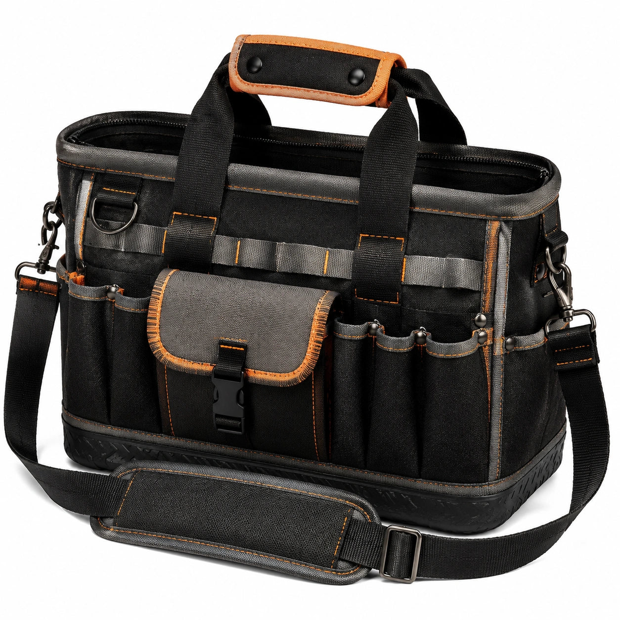 Sac à outils 40 cm en polyester noir et orange à bandoulière avec poches de rangement