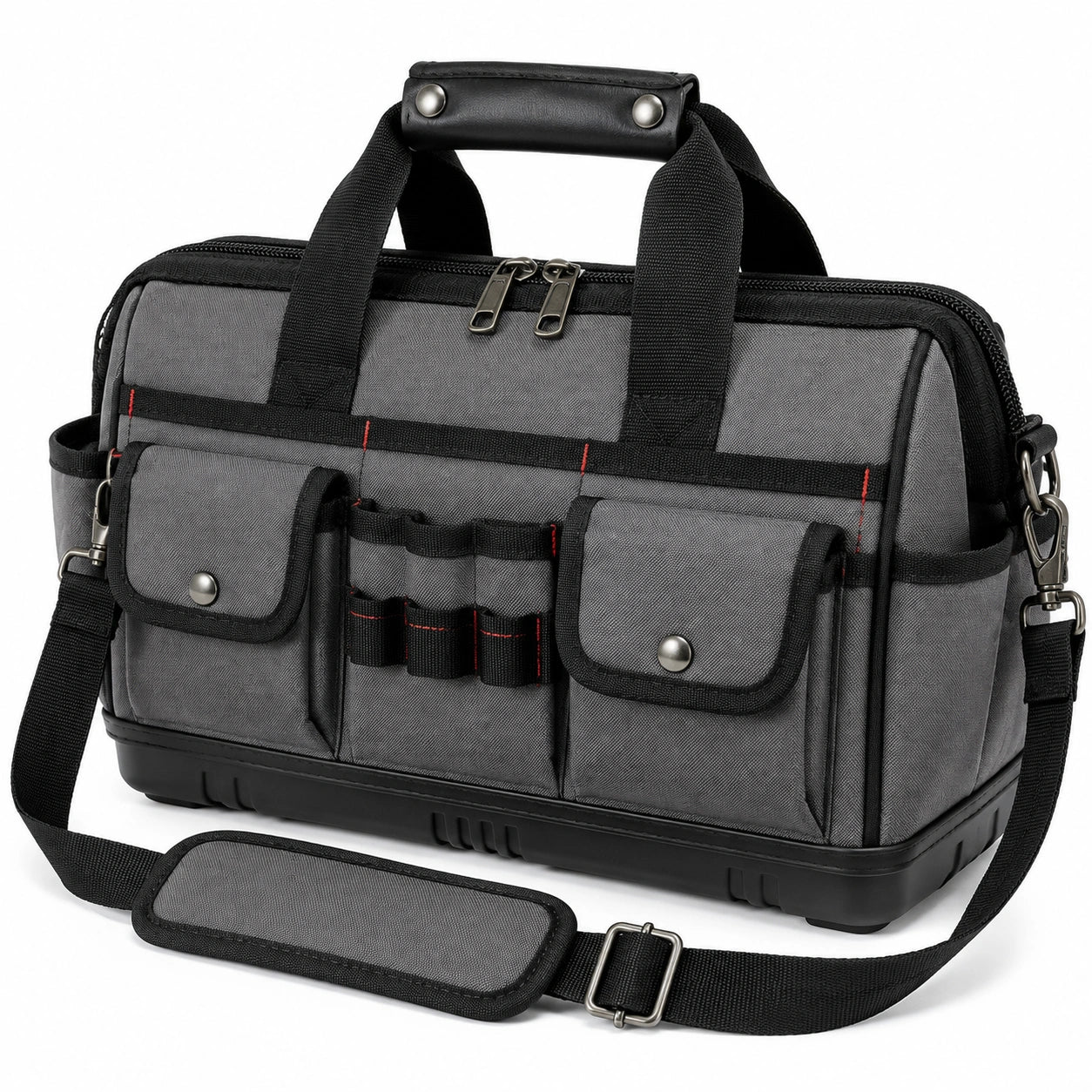 Sac à outils 42 cm en polyester gris et noir avec bandoulière réglable