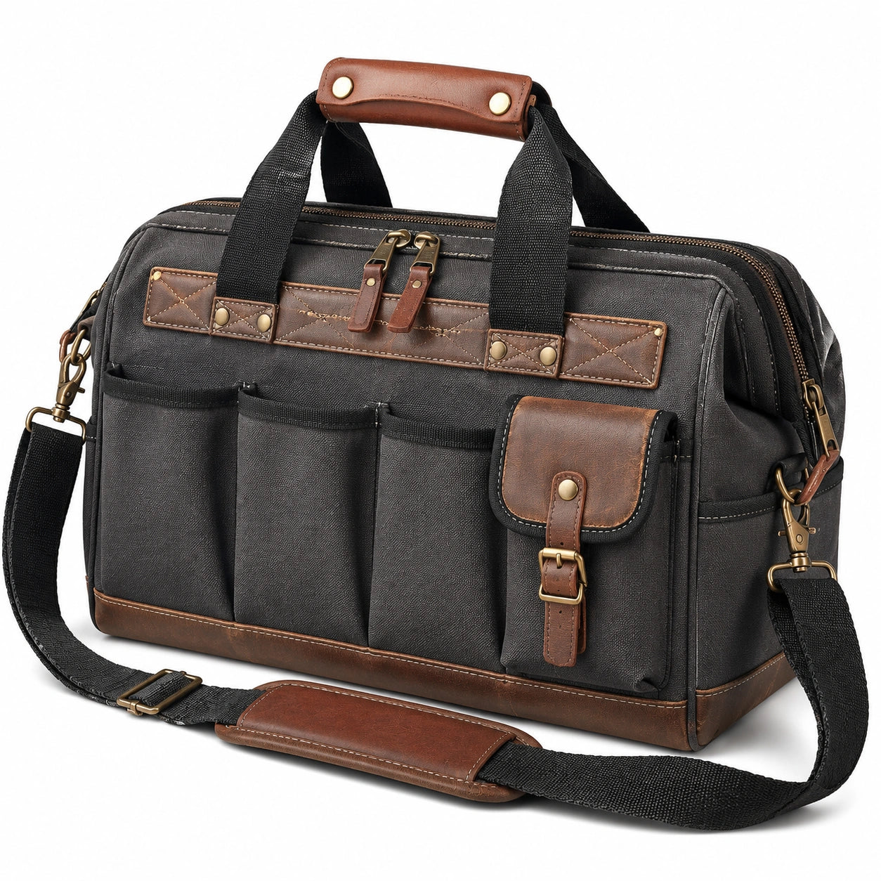 Sac de voyage 45 cm en toile noire et similicuir marron à compartiments style vintage