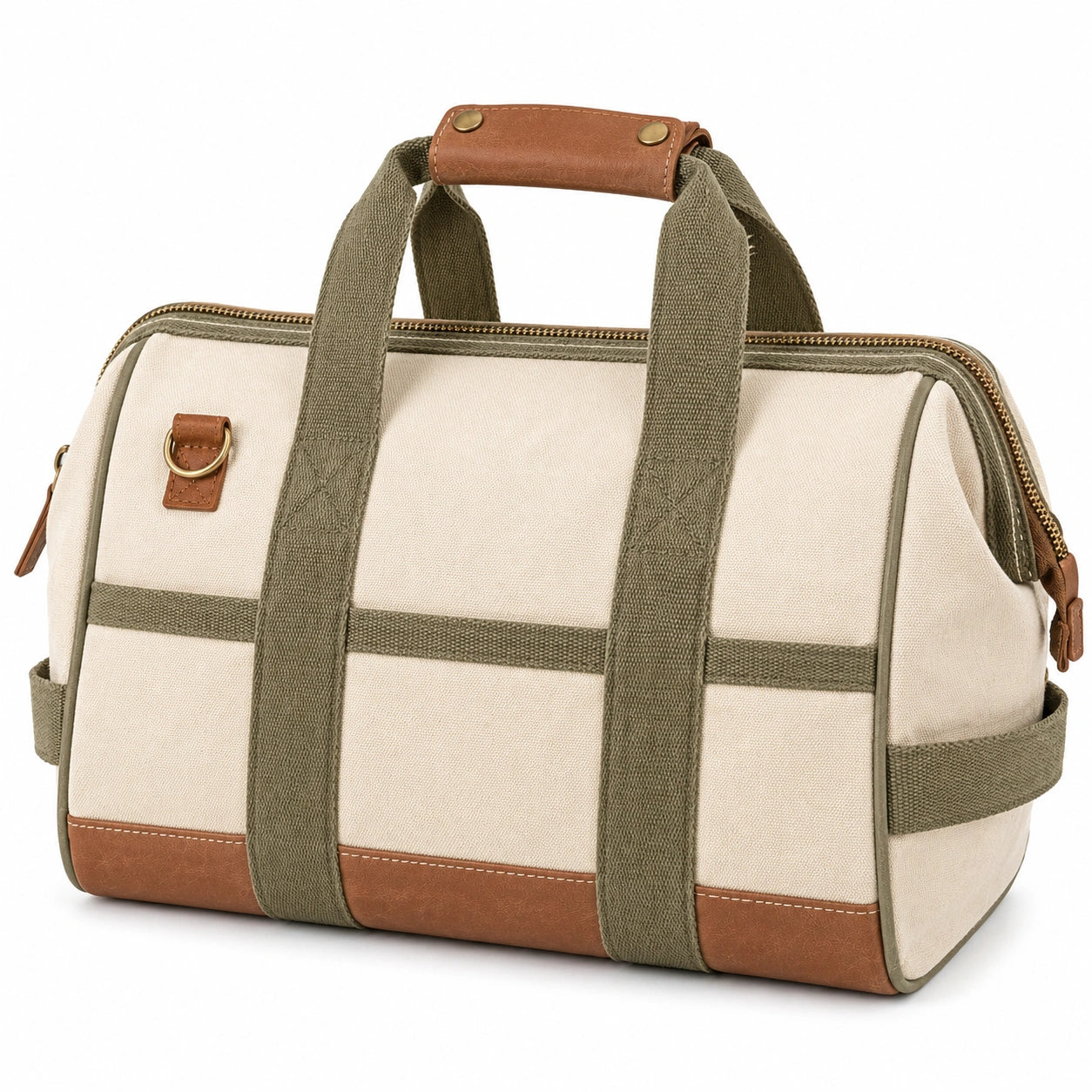 Sac de voyage 45 x 24 x 28 cm en toile beige et vert kaki avec fermeture zippée