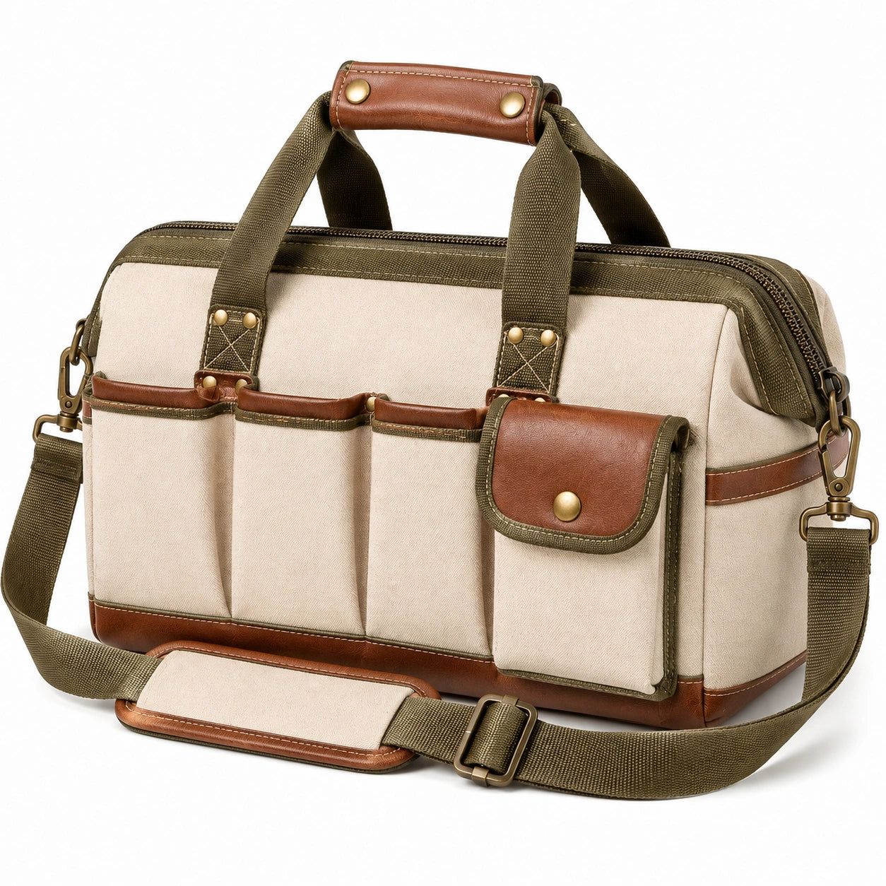 Sac de voyage 40 cm en toile beige et similicuir marron avec bandoulière style vintage
