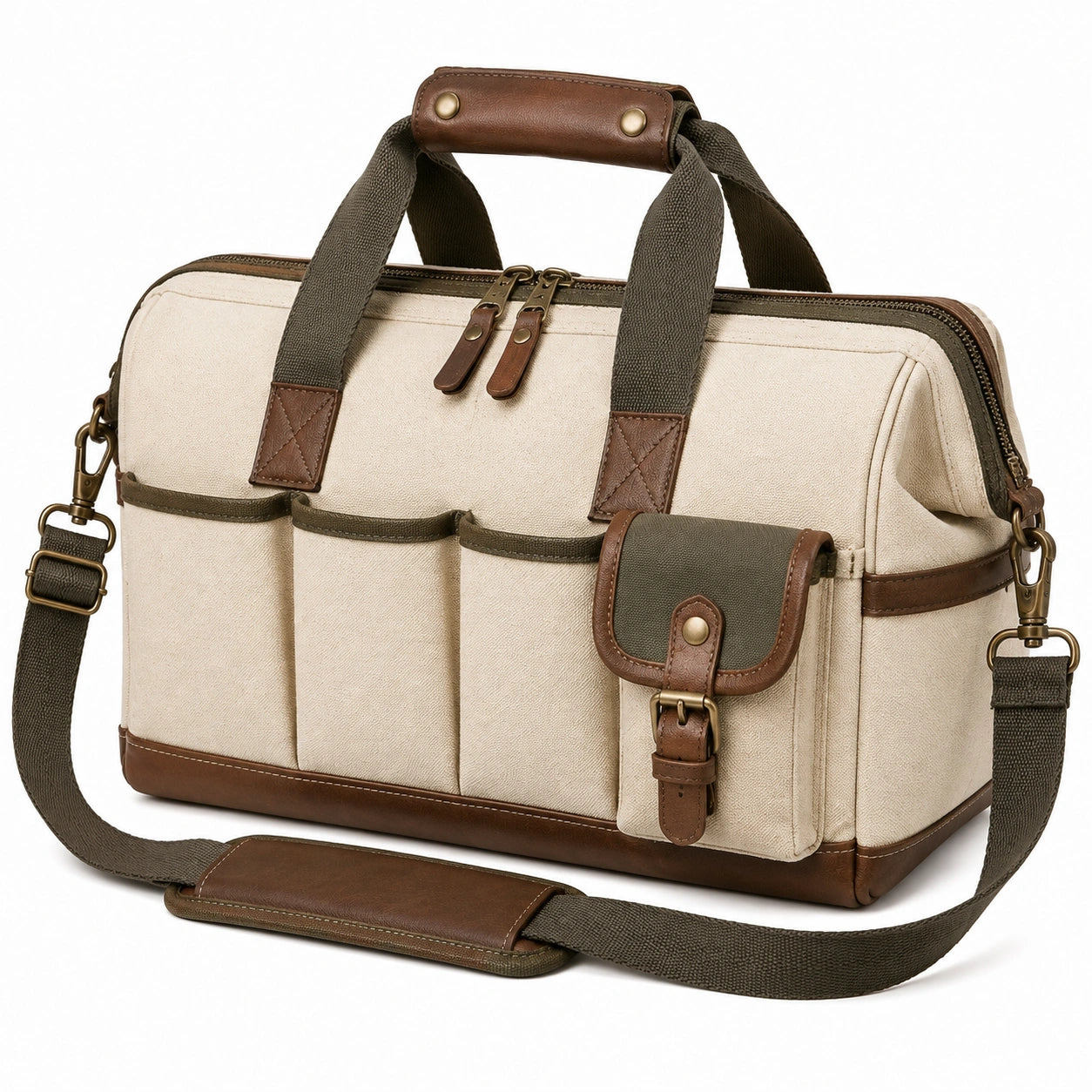 Sac de voyage 45 x 23 x 28 cm en toile beige et similicuir marron avec bandoulière amovible