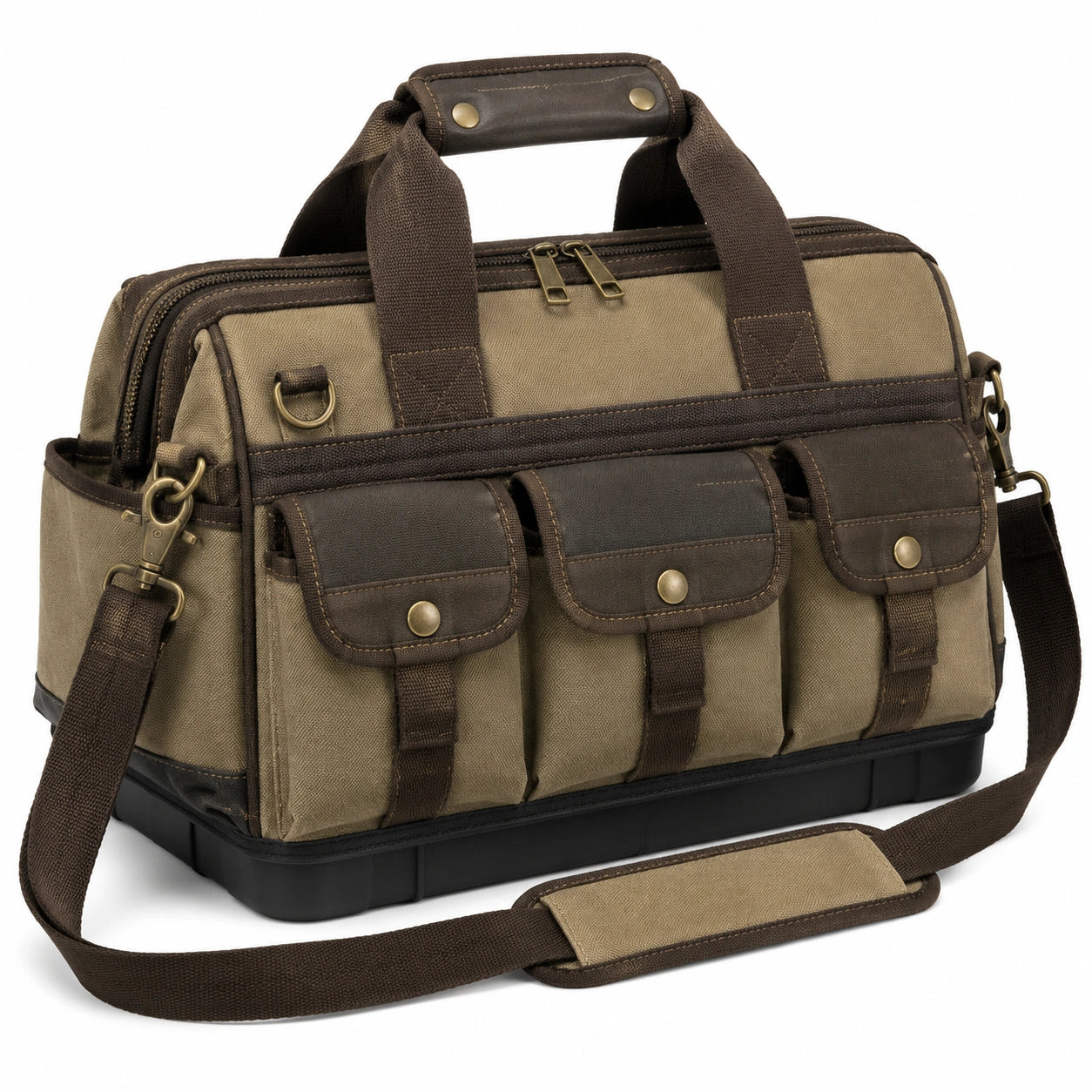 Sac de voyage 45 x 22 x 30 cm en toile kaki et marron avec bandoulière amovible