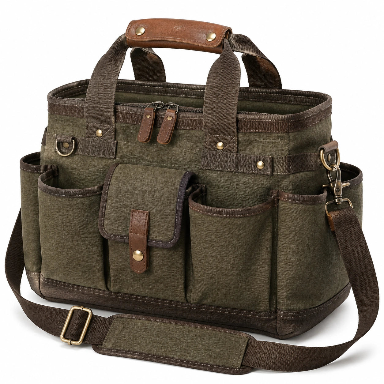 Sac de voyage 38 x 18 x 30 cm en toile vert kaki avec bandoulière réglable et poches multiples