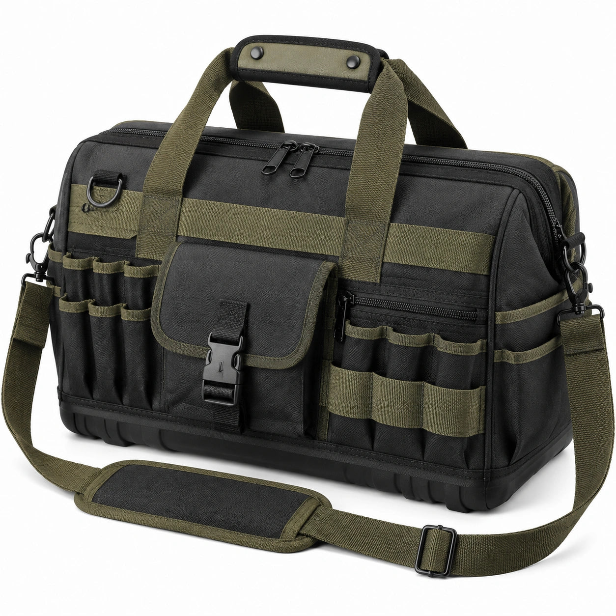Sac à outils 45 x 25 x 30 cm en tissu noir et vert avec bandoulière réglable