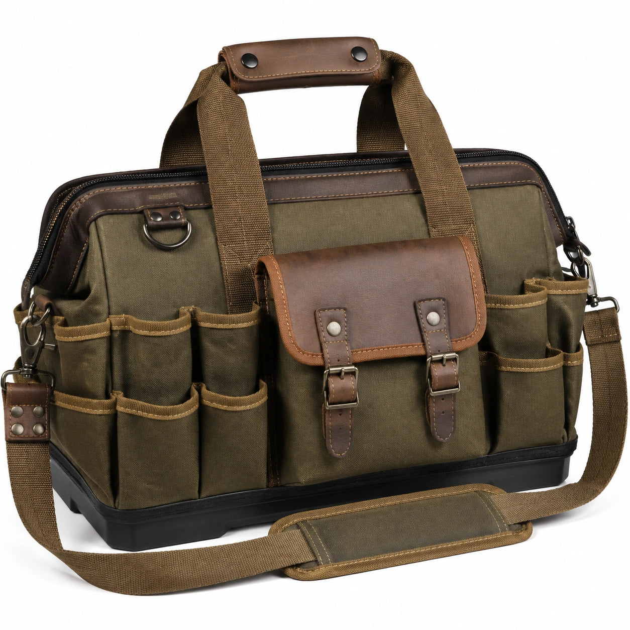 Sac à outils 40 x 18 x 30 cm en toile vert kaki et similicuir marron avec bandoulière