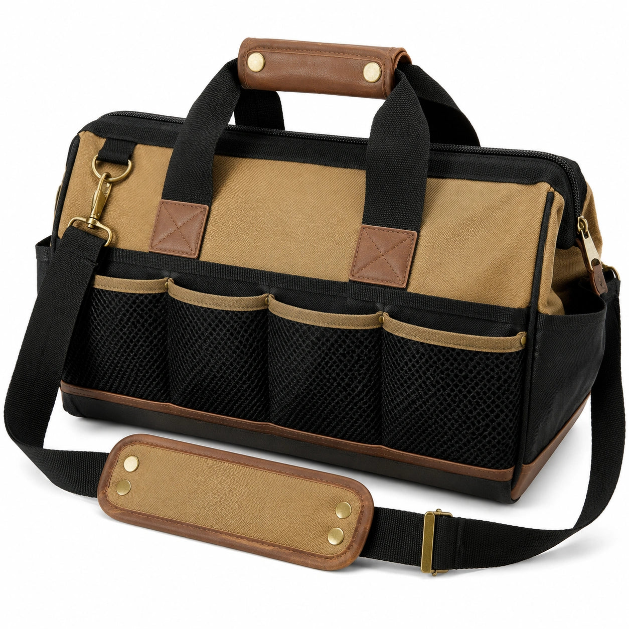 Sac à outils 40 x 20 x 28 cm en polyester beige et noir avec poches filet pour rangement portable