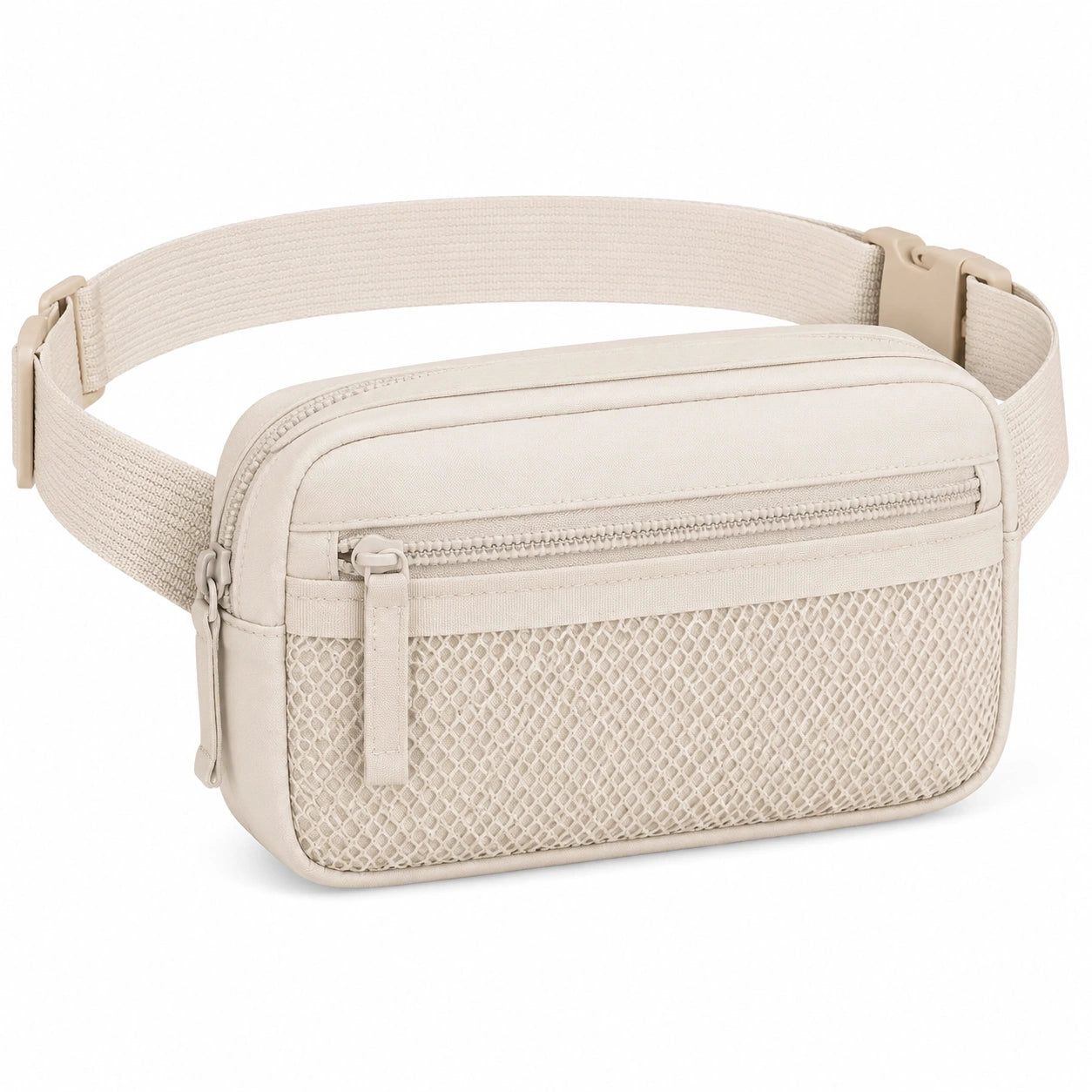 Sac banane 20 x 5 x 13 cm textile beige à ceinture réglable avec poches zippées