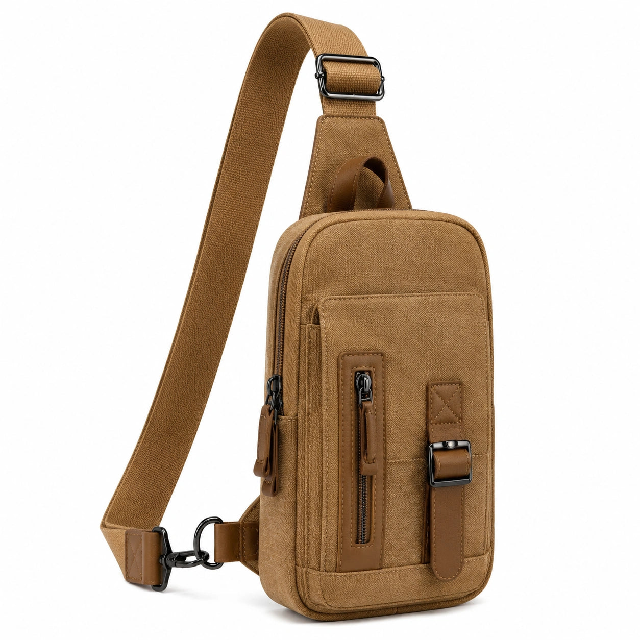 Sac bandoulière 18 x 8 x 30 cm en tissu marron avec rangements zippés