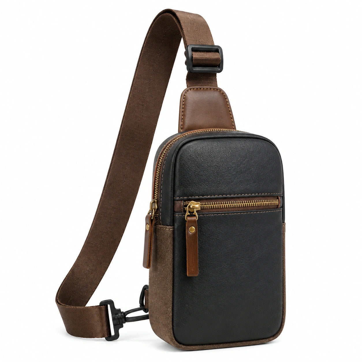 Sac bandoulière 17 x 7 x 31 cm en similicuir noir et marron avec poches zippées