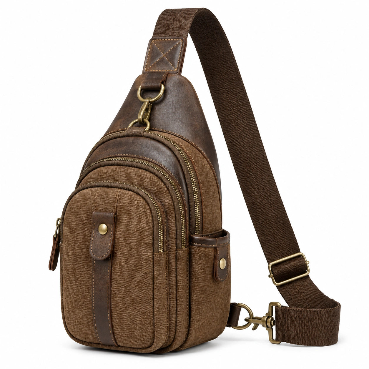 Sac bandoulière 18 x 8 x 32 cm marron en toile et similicuir à compartiments pour usage quotidien