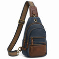 Sac bandoulière 17 x 8 x 31 cm en toile bleu marine et marron style vintage à compartiments zippés
