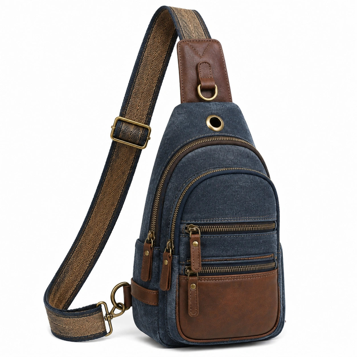 Sac bandoulière 17 x 8 x 31 cm en toile bleu marine et marron style vintage à compartiments zippés