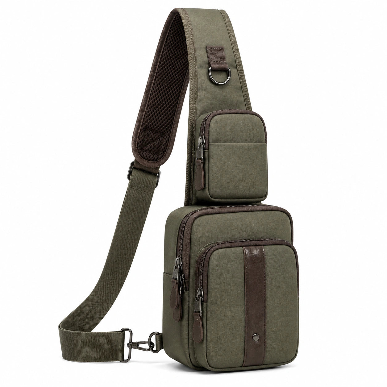 Sac bandoulière 18 x 8 x 30 cm en textile vert kaki avec poches zippées