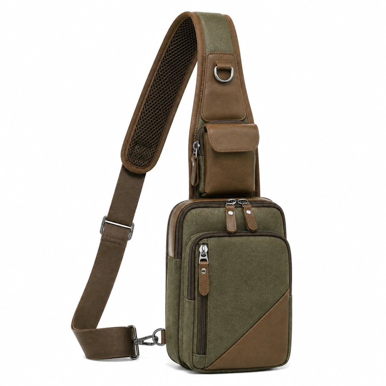 Sac bandoulière 18 x 8 x 32 cm en toile kaki et similicuir marron avec poches multiples