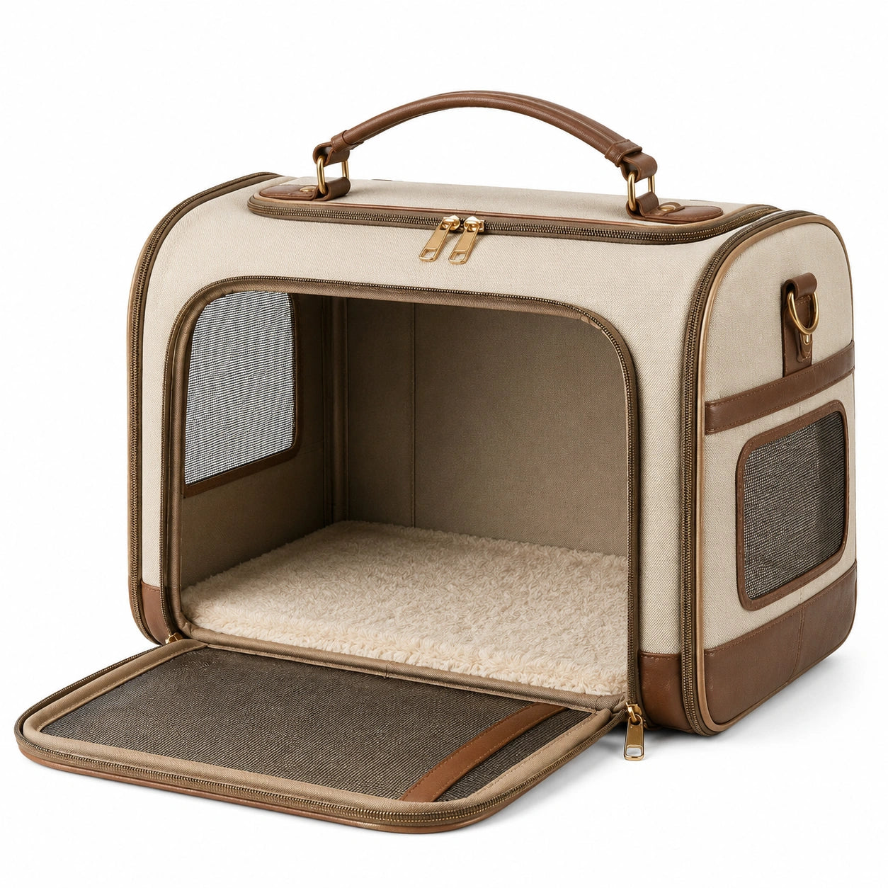 Sac de transport pour animaux 45 x 30 x 32 cm en tissu beige et marron avec aérations