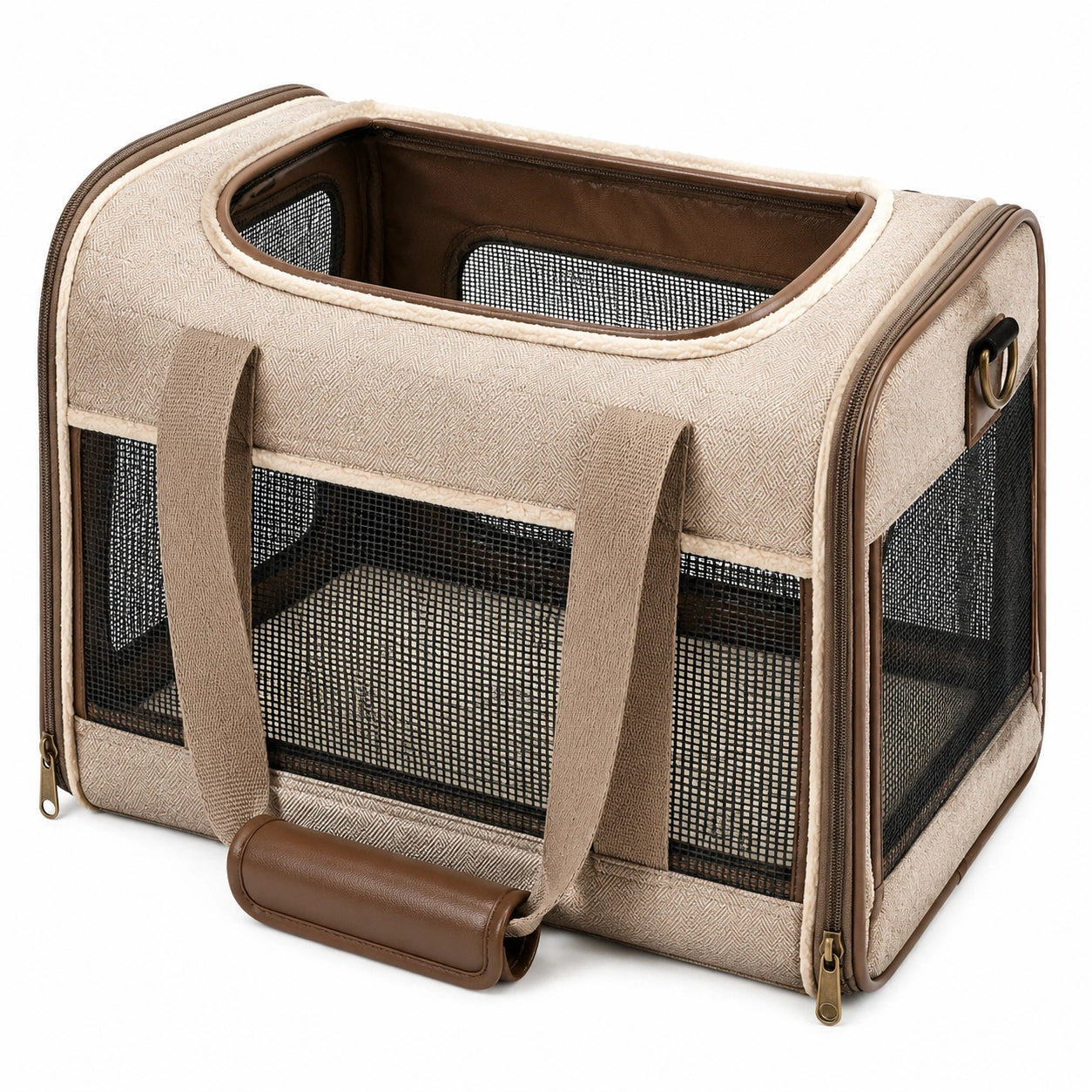 Sac de transport pour chat 45 x 30 x 30 cm en textile beige et marron à mailles respirantes pliable