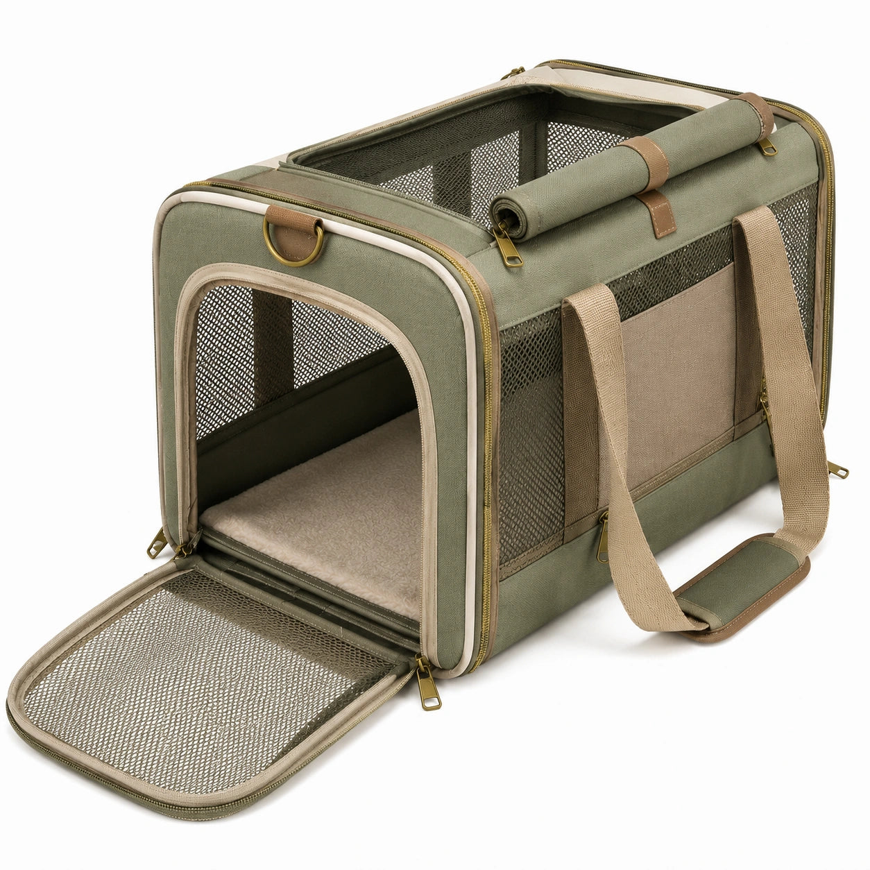 Sac de transport pour animaux 45 x 28 x 28 cm en tissu vert kaki avec maille respirante pliable
