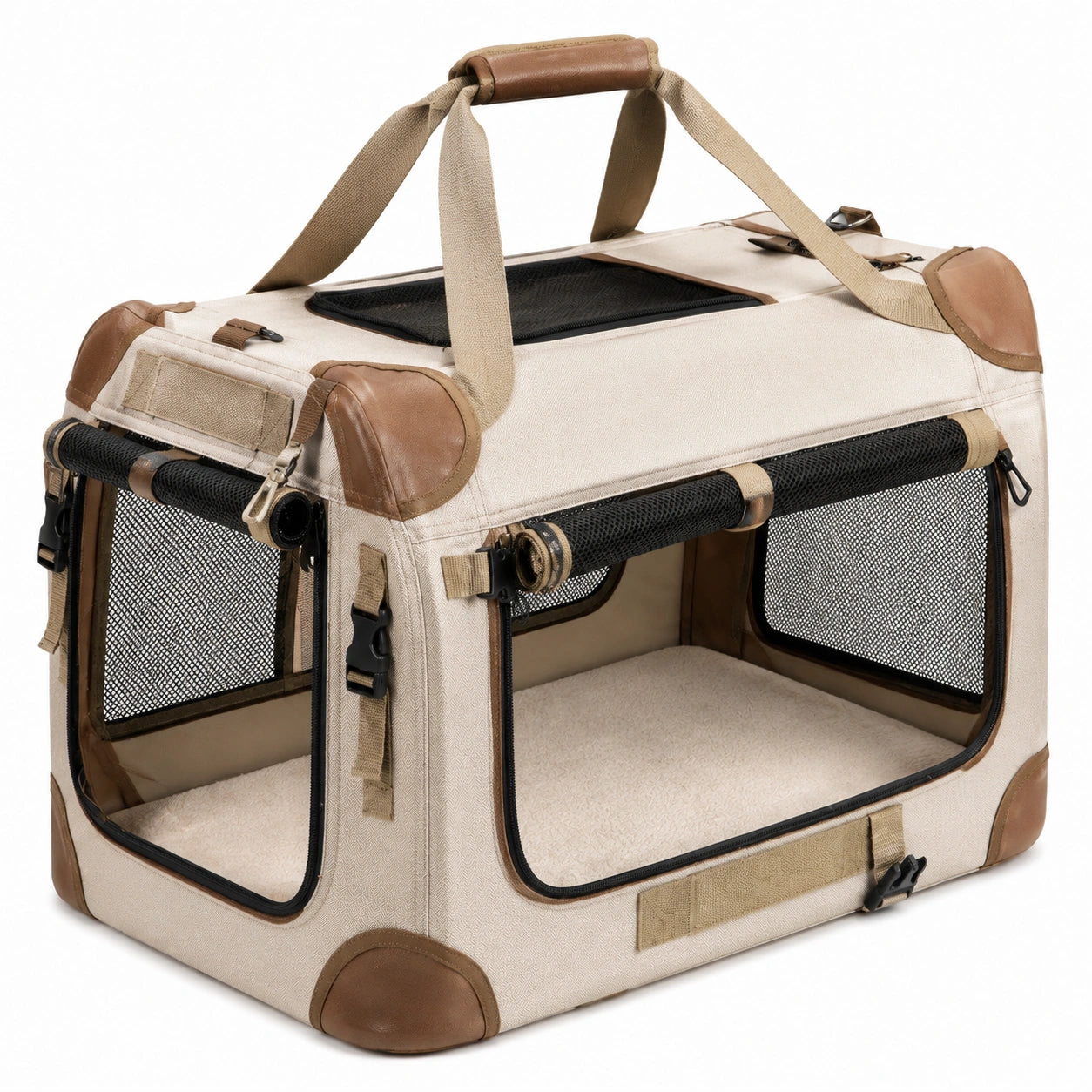 Caisse de transport pliable 50 x 35 x 35 cm en textile beige et marron pour chiens et chats avec panneaux en maille