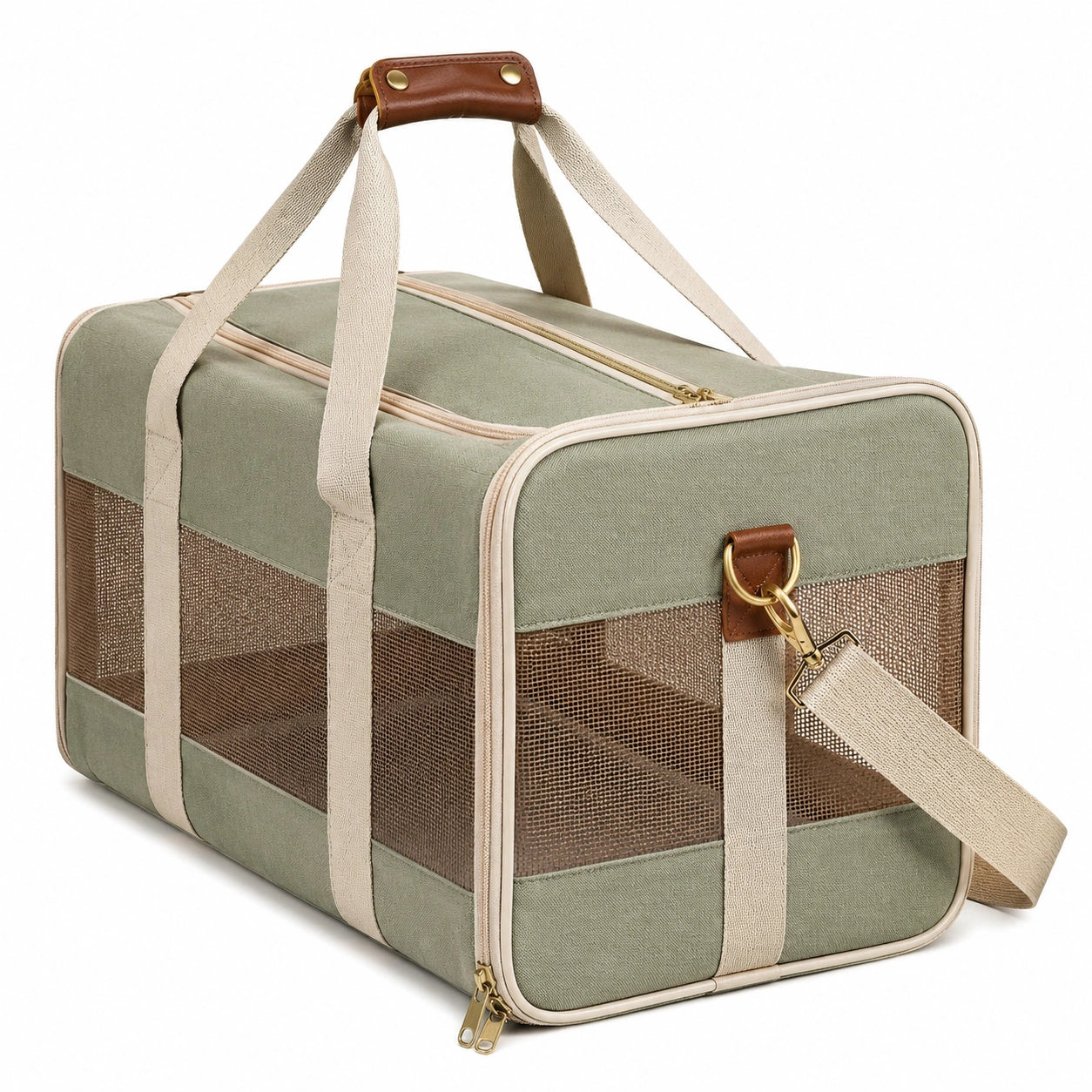 Sac de transport pour animaux 45 x 28 x 30 cm en tissu vert avec panneaux en maille et bandoulière