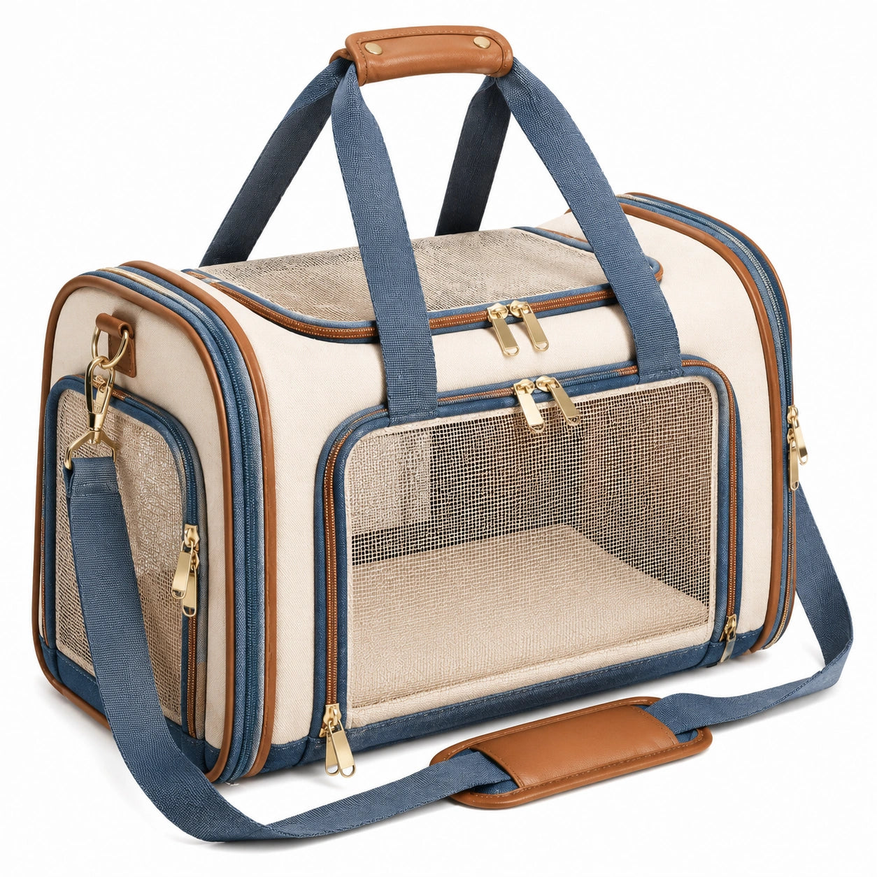 Sac de transport pour animaux 45 x 28 x 30 cm en textile beige bleu et marron avec maille respirante