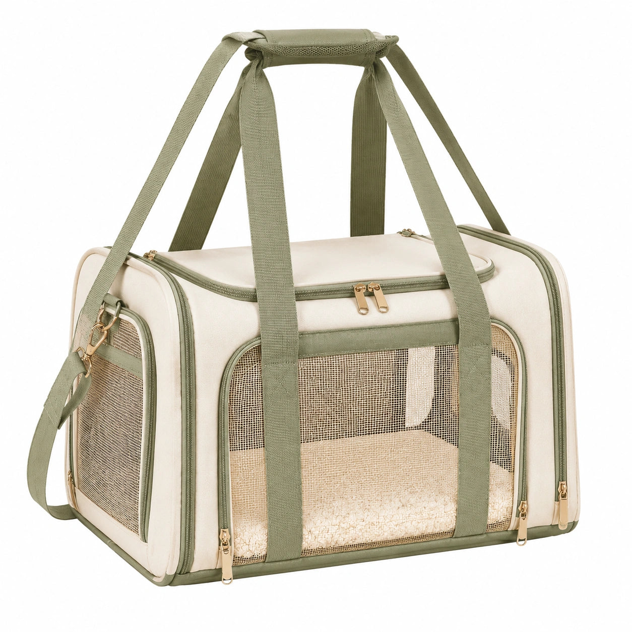 Sac de transport pour animaux 45 x 28 x 30 cm en textile beige/vert avec maille aérée