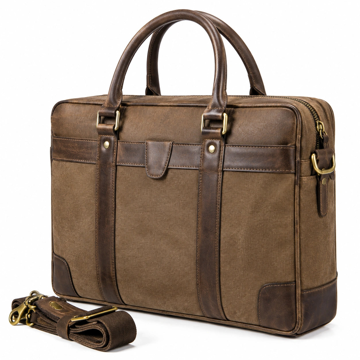 Sac ordinateur 40 cm en toile et cuir marron avec bandoulière amovible