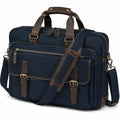 Sac pour ordinateur 40 x 10 x 30 cm en toile bleu marine et similicuir marron avec bandoulière amovible