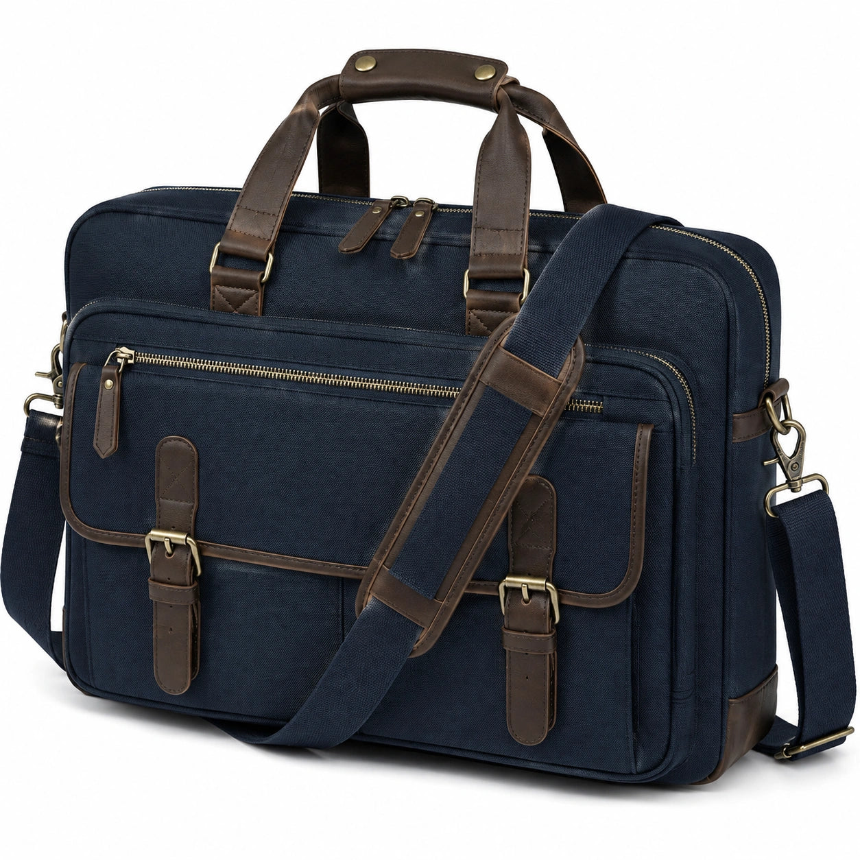 Sac pour ordinateur 40 x 10 x 30 cm en toile bleu marine et similicuir marron avec bandoulière amovible