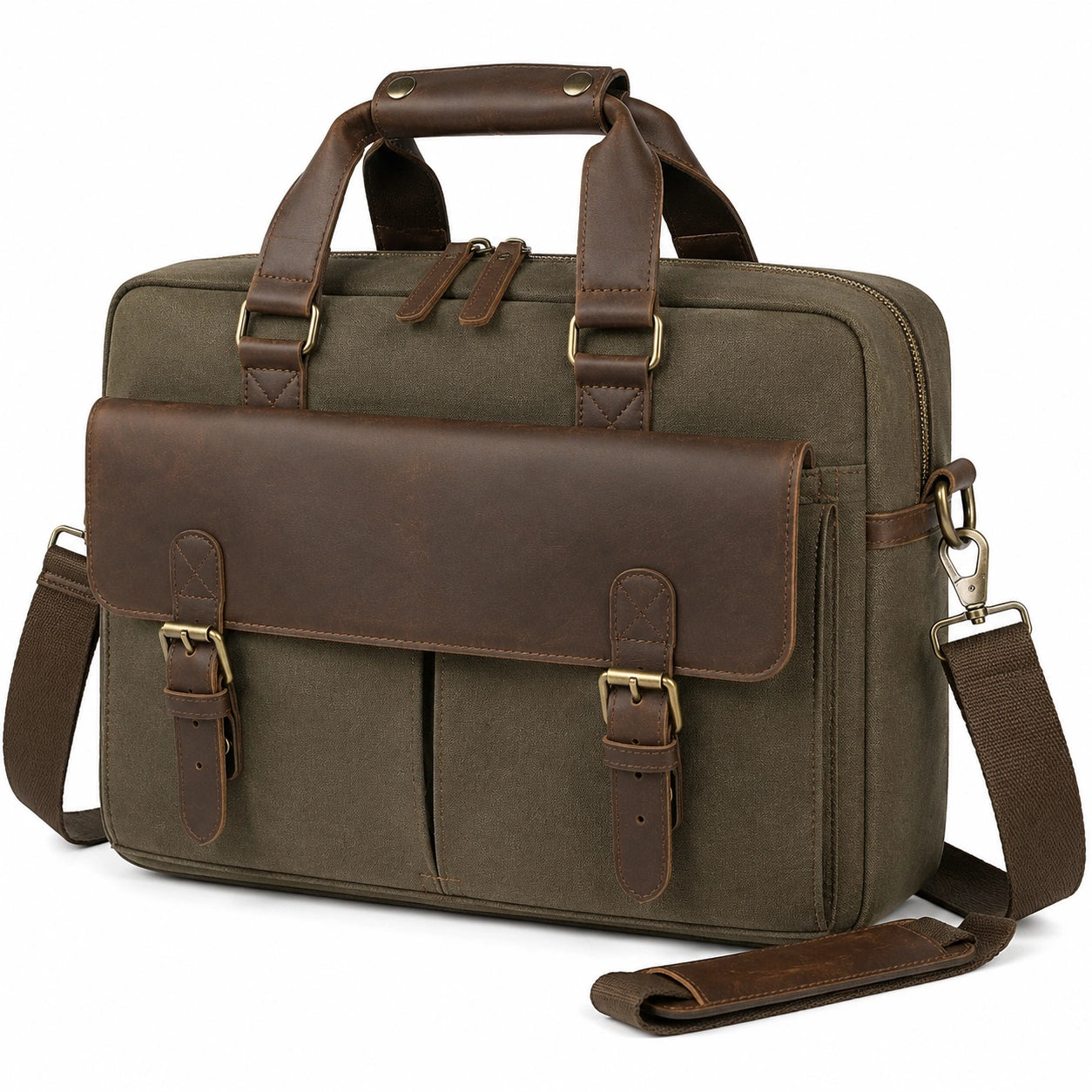 Sacoche pour ordinateur portable 42 cm en toile kaki et cuir marron style vintage